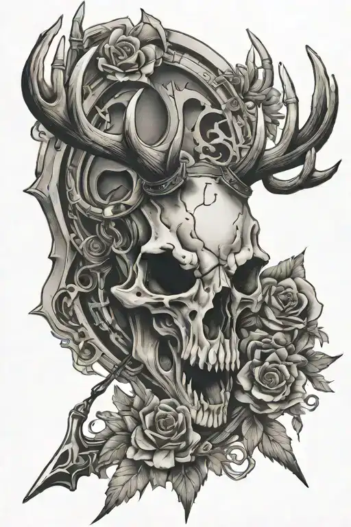 deer skull , bow and arrow , diesel mechanice tattoo design idea