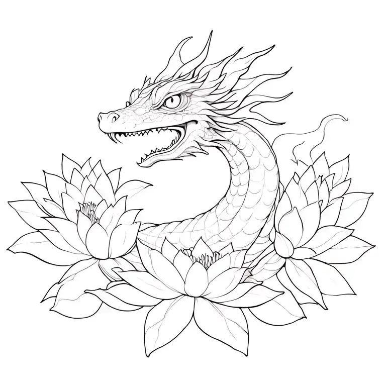 Japanese Water Dragon with eyes gently opening surrounded by lotus blossoms  tattoo design idea