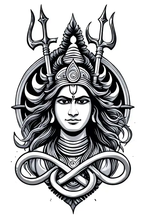 Shiva, infinity, trident, aum symbol, text tattoo design idea
