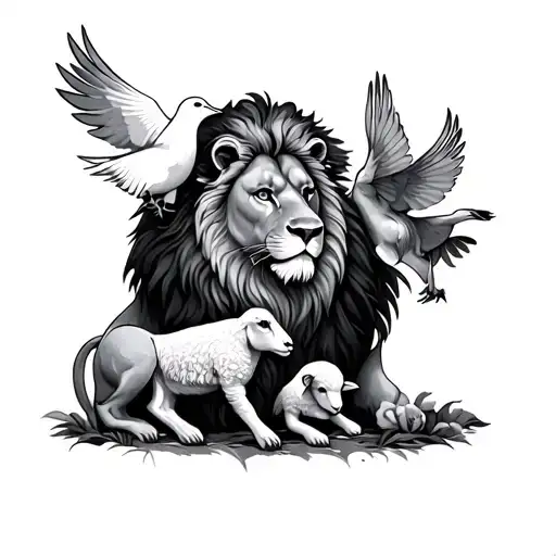 lion with dove and lamb surrounded tattoo design idea