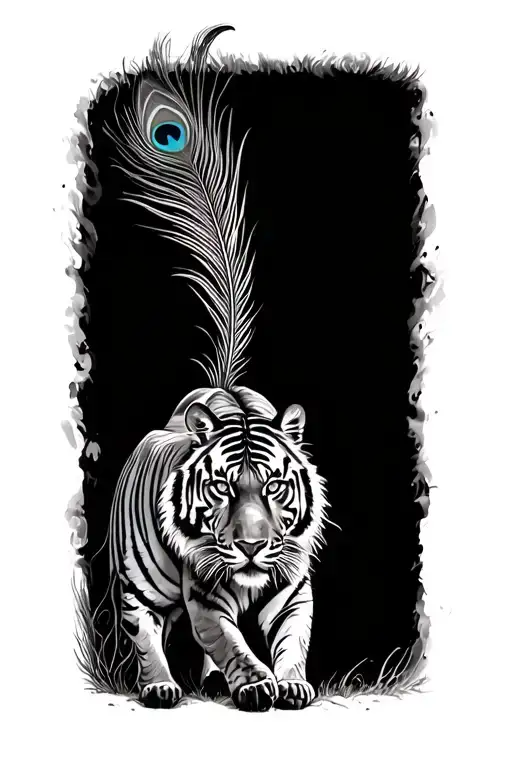 peacock feather with tiger walking tattoo design idea