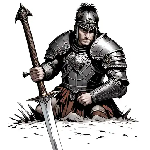 A gladiator in battle-worn armor, holding a sword plunged into the ground, his hands resting on the hilt. tattoo design idea