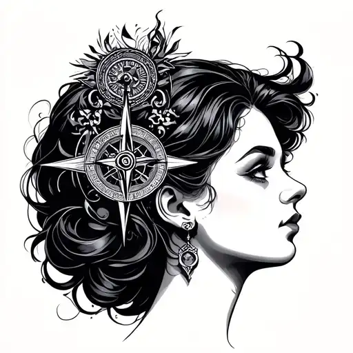 lady's head with a compass tattoo design idea