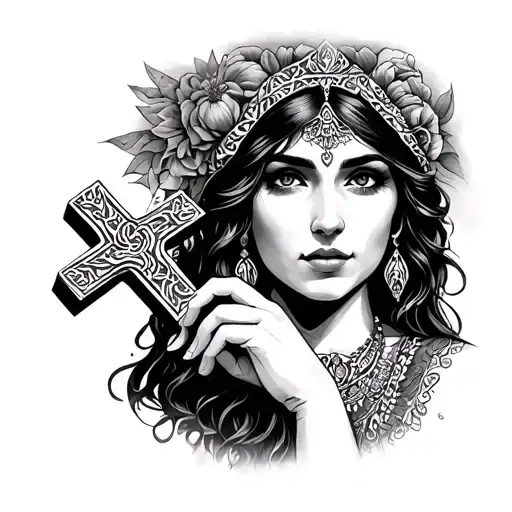 gypsy fortune teller women holding cross tattoo design idea