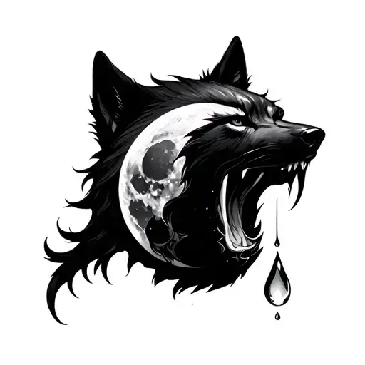 The moon represents feminine power and grace, the wolf fang symbolizes untamed wildness, and the dewdrop hints at vulner tattoo design idea