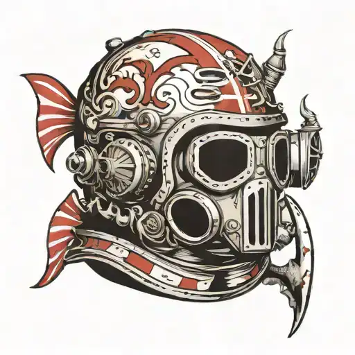 mark v dive helmet with trident sharks and dive flag  tattoo design idea