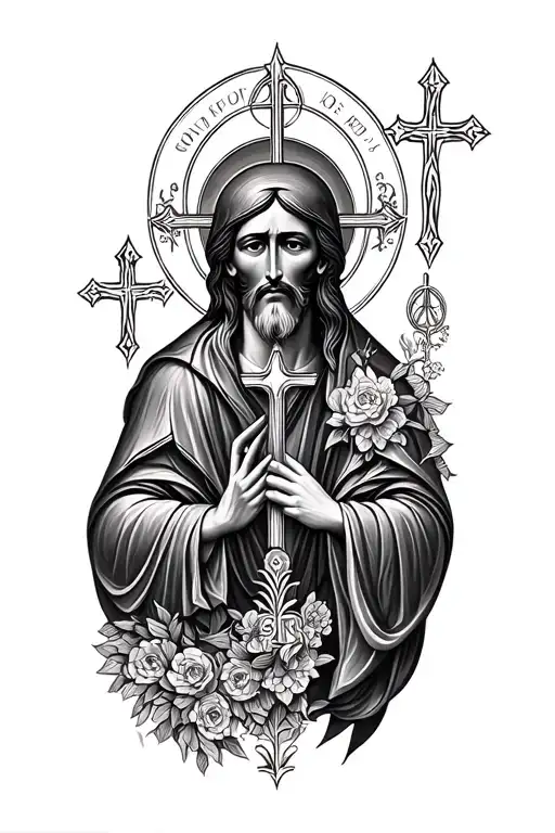 A hyper-detailed black-and-gray tattoo design on a white background representing Orthodox Christian faith, love, and fam tattoo design idea