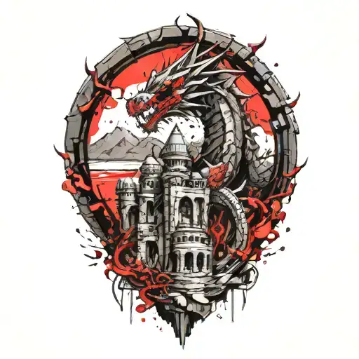 Very realistic stone dragon, soft shadows, smooth transitions, ruins of an ancient castle tattoo design idea