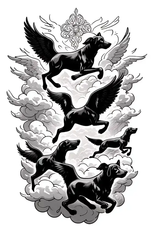 6 dogs with angel wings running in the clouds surrounding tattoo design idea
