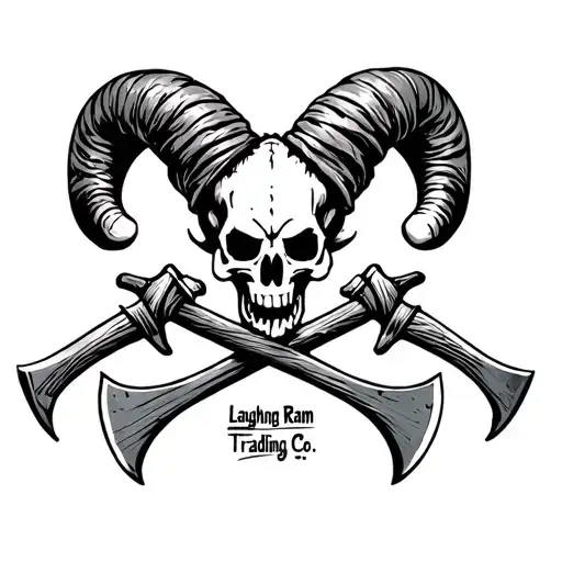 "Laughing Ram Trading Co" Jolly Roger, replace skull with ram skull, crossed viking axes. tattoo design idea