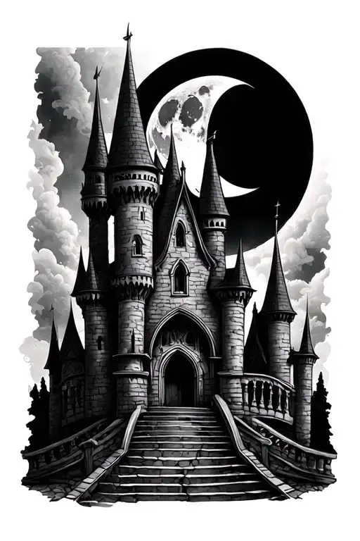 gothic castle with a moon tattoo design idea