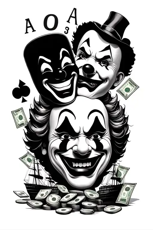 Two clown masks, one smiling, one sad, and money around them, casino ships, and black jack cards  tattoo design idea