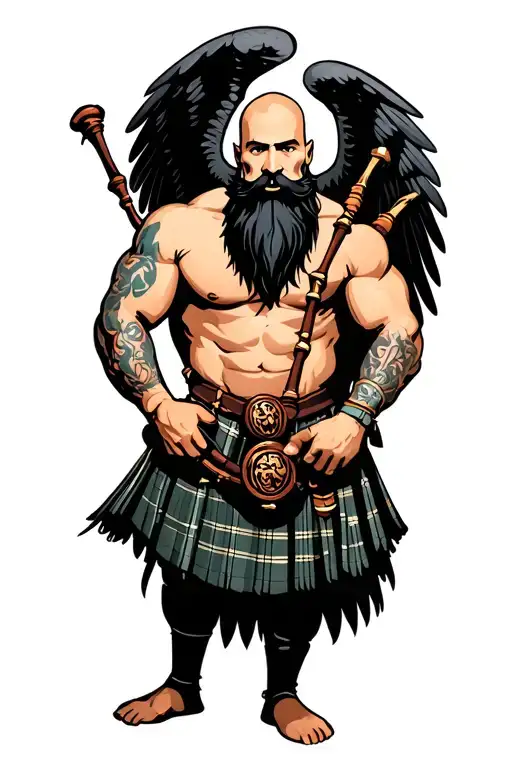 bagpipes in left arm bald shirtless muscular bagpiper black beard with two huge black wings  tattoo design idea