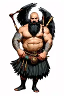 bagpipes in left arm bald shirtless muscular bagpiper black beard with two huge black wings  tattoo design idea