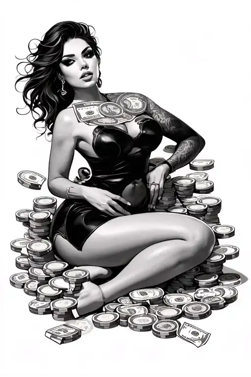 discreet sexy curvey women full body with casino chips rolls of money with other random things tattoo design idea