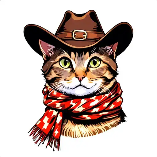 cat wearing a cowboy hat and a scarf around it's neck tattoo design idea