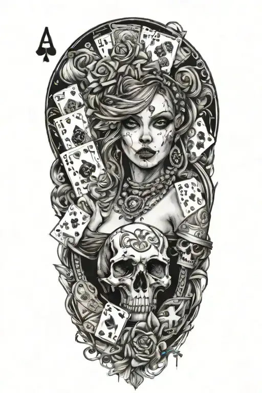 tattoo sketch in the style of trash polka, girl, playing cards, money, skull tattoo design idea
