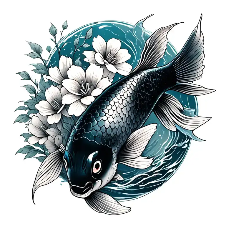 koi fish with flowers tattoo design idea
