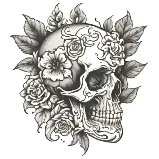 skull and flowers growing mental health tattoo design idea