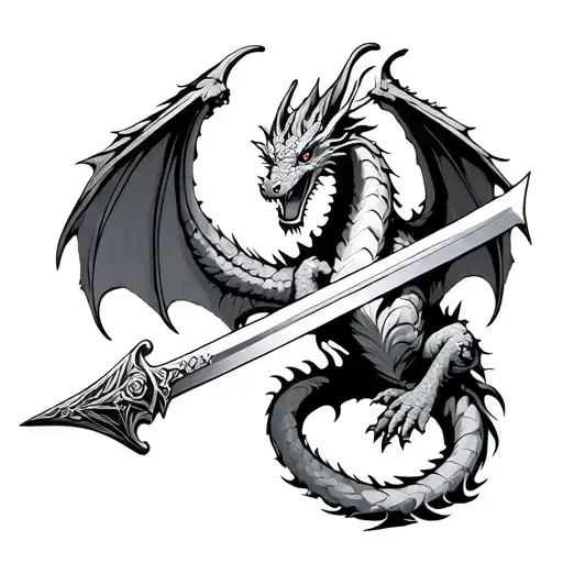 thinly sketched black and white dragon leg tattoo mythical swooping down wings out wrapping around a mythical sword tattoo design idea