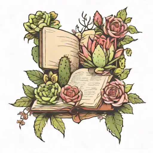 book opening up to growing cacti and flowers tattoo design idea