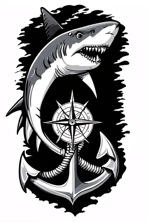 boat anchor and compass shark emerging tattoo design idea