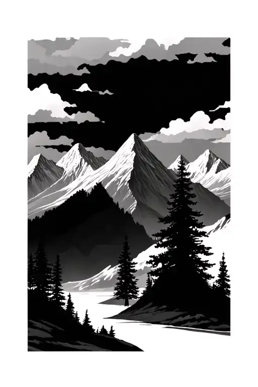 trees with mountains and glaciers  tattoo design idea