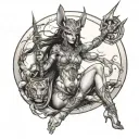 bast goddess emerging from war behind her, strong, more sexy, more feminie, strong, full body tattoo design idea