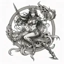 bast goddess emerging from war behind her, strong, more sexy, more feminie, strong, full body tattoo design idea