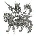 bast goddess emerging from war behind her, strong, more sexy, more feminie, strong, full body tattoo design idea