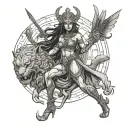 bast goddess emerging from war behind her, strong, more sexy, more feminie, strong, full body tattoo design idea