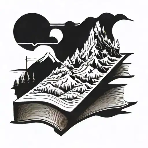 A stack of books with mountain silhouettes on the spines tattoo design idea