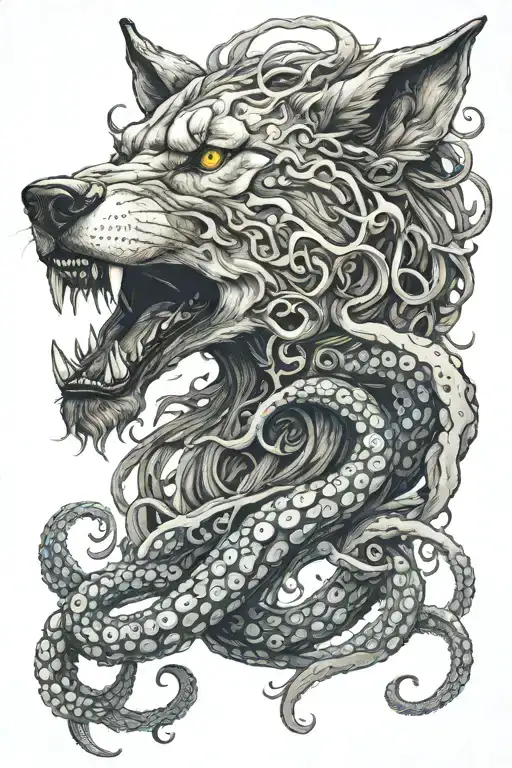  wolf's head intertwined with the tentacles of an octopus, wrapping dynamically around the wolf, creating a sense of ent tattoo design idea