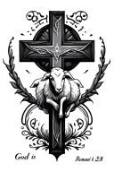 Symbols for God is greater than the highs and lows with a cross with a lamb and Roman's 8:28 tattoo design idea