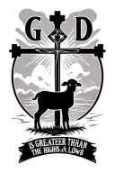 Symbols for God is greater than the highs and lows with a cross with a lamb and Roman's 8:28 tattoo design idea