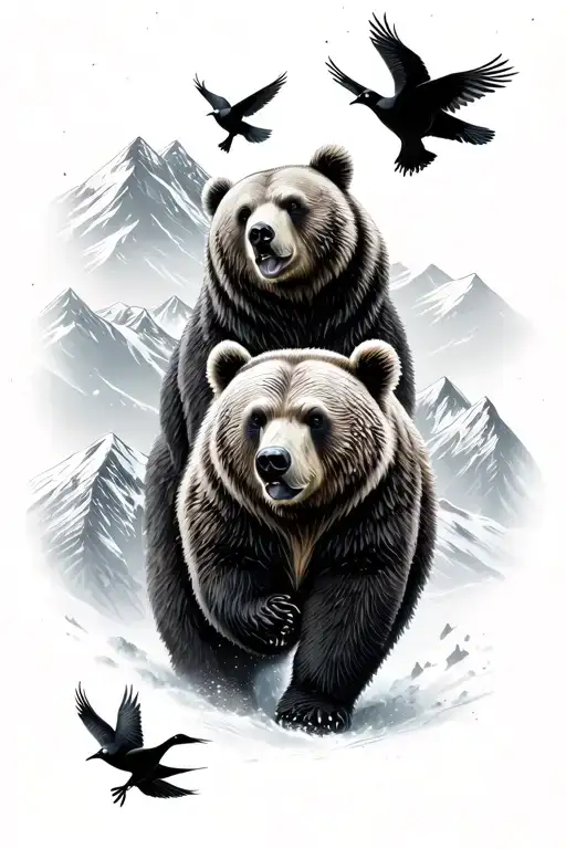 mountain land animal mixed bears and birds flying away tattoo design idea