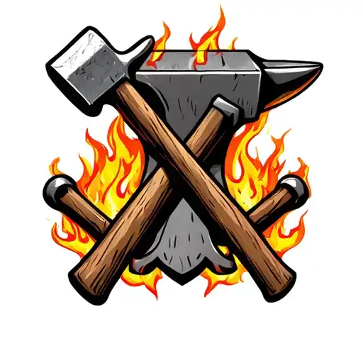 hammer and tongs crossing over an anvil surrounded by flames tattoo design idea