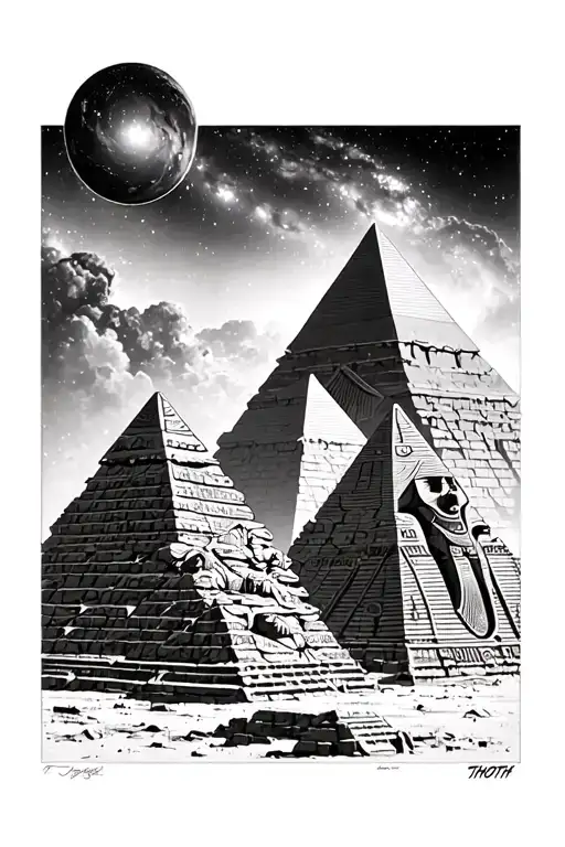 3 Pyramids of giza with Thoth egyptian god in the forefront and a galaxy overhead tattoo design idea