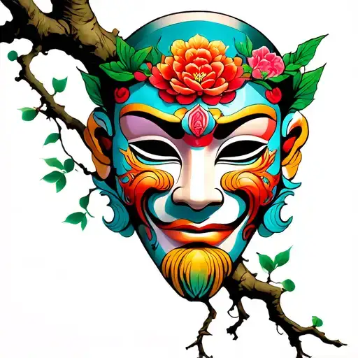 Half of Hann's mask lies on a branch of a tree growing from a stone. Colorfull tattoo tattoo design idea