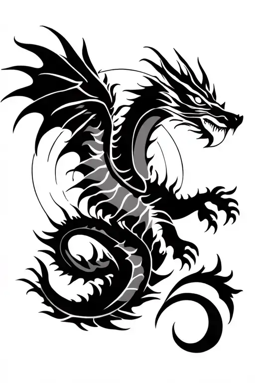 tribal dragon flying towards the sun tattoo design idea
