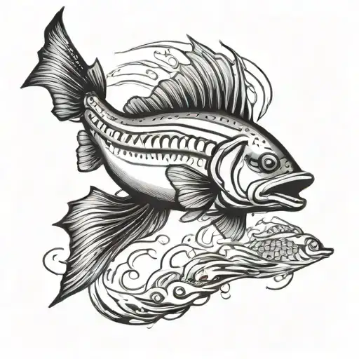 submarine bass fish jumping tattoo design idea