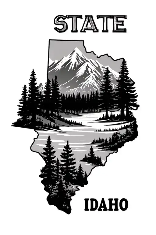 Idaho state outline, mountains, trees, Cameron tattoo design idea