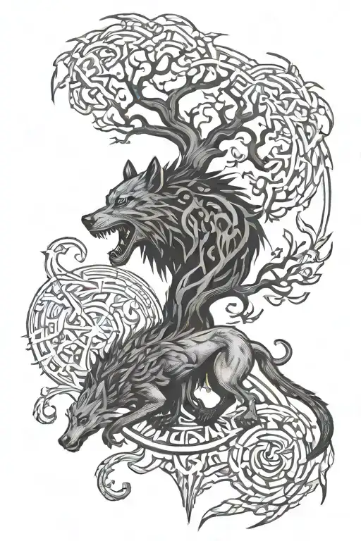 Fenrir in the middle of Hugin and Munin over Yggdrasil tattoo design idea