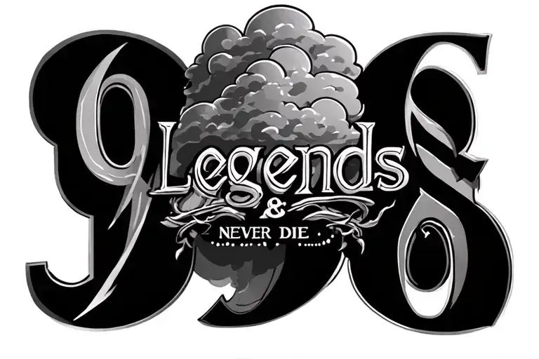 three number 9s side by side with a cloud and angles down on it  it and in between the 9s says legends never die tattoo design idea