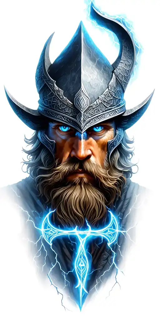 Vigvisir and Aegishjalmur Symbol combined with Odin in the background of thunderstorms blue flashes blue eyes tattoo design idea