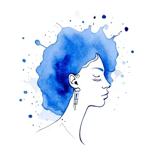 Soft watercolor splash in blue around a simple head outline, with small piano and alcohol bottle painted lightly tattoo design idea