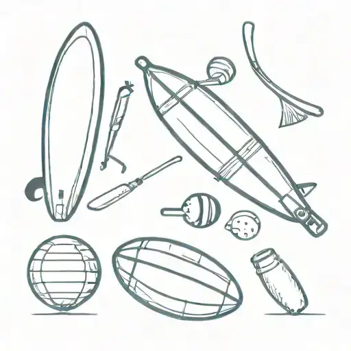 Surfboard, rugby ball, cricket ball, softball bat, snorkel, Beer, Wine, hiking boots, travel tattoo design idea