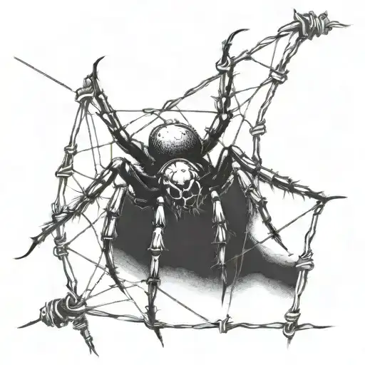 A gothic cybersigilism spider crawling on a barbed wire fence tattoo design idea