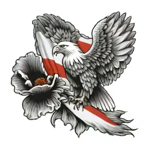 poppies arount white eagle holding polish flag waving tattoo design idea