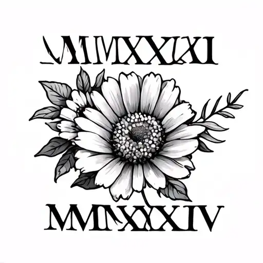 Roman Numerals "MMXXIII" at top, Below it MMXXV. Line inbetween to be lakspur flower mixed with Cosmos Flower tattoo design idea